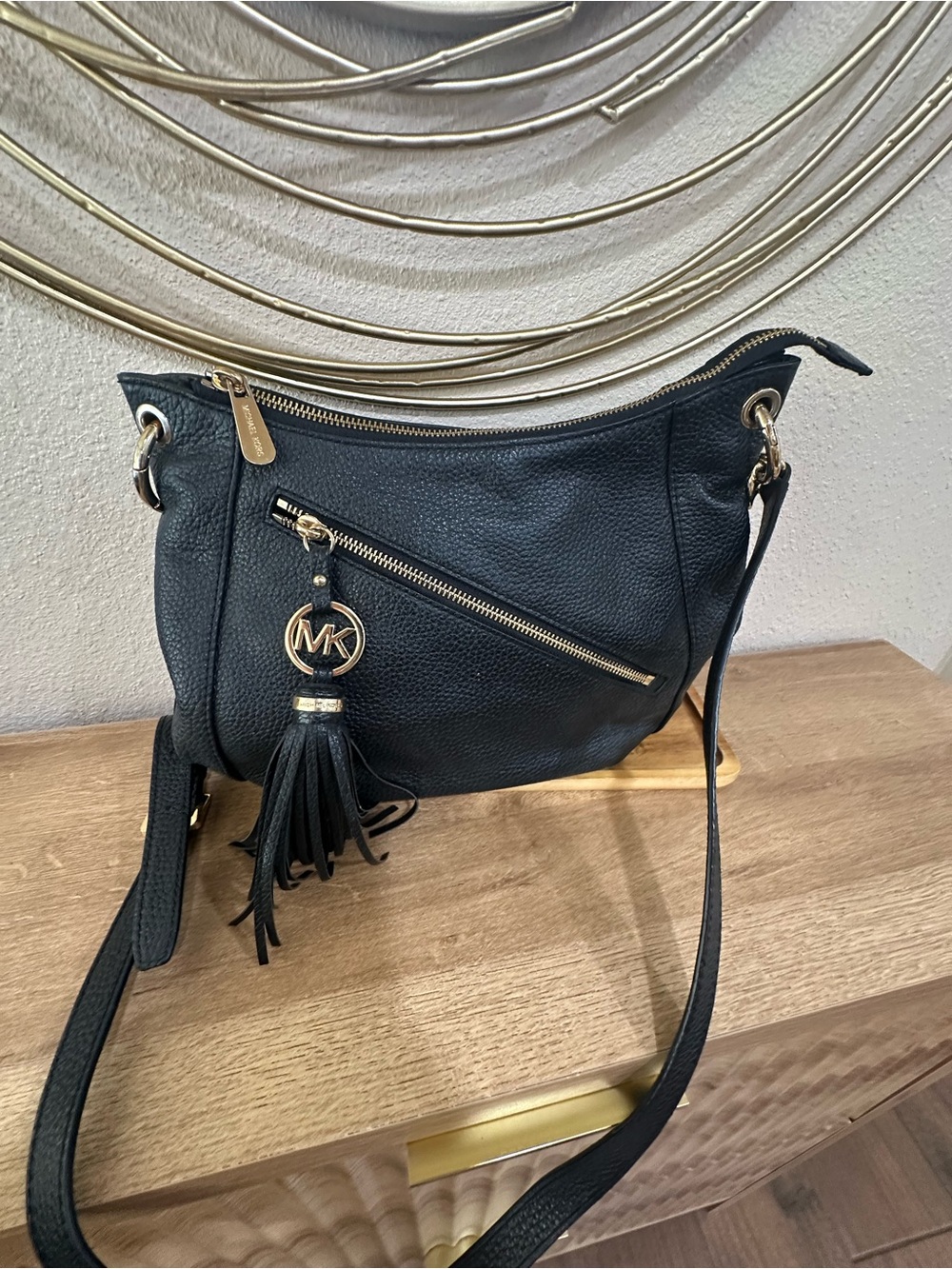 Michael Kors Black Pebbled Leather Crossbody with Tassel Charm